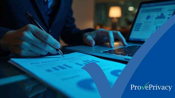 A Data Protection Impact Assessment being reviewed on printed risk charts and a laptop — ProvePrivacy GDPR compliance software