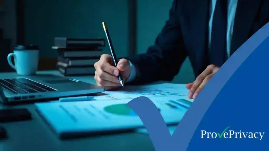 A compliance officer using a GDPR risk management tool to review a color-coded risk assessment matrix