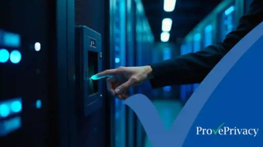 4 Key Areas of Data Protection: Safeguarding Your Business and Customers | ProvePrivacy Data protection compliance software concept: illuminated server racks and a biometric access control panel in a secure data center