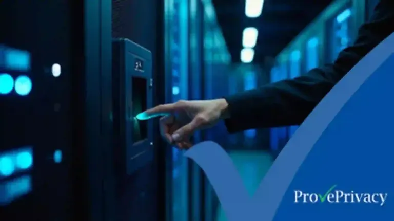 Data protection compliance software concept: illuminated server racks and a biometric access control panel in a secure data center