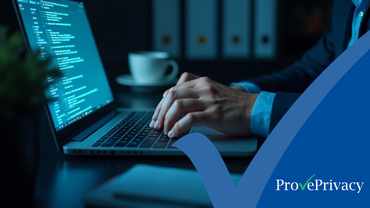 Data Retention Compliance: Why Policy Must Be Matched by Process | ProvePrivacy Hands typing on a laptop surrounded by folders and paperwork, illustrating the operational discipline behind data retention compliance software.