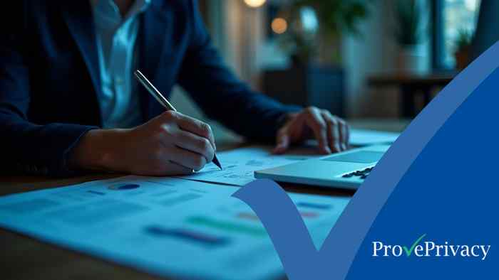 Data Use and Access Act (2025): Essential Guide 2026 | ProvePrivacy A data protection officer annotating a compliance framework document beside a laptop showing a risk assessment dashboard, representing the Data Use and Access Act 2025 — ProvePrivacy GDPR compliance software