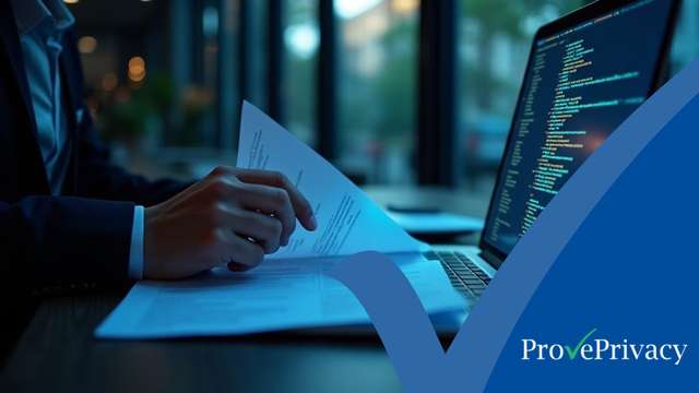 DUAA 2025 Insights from the Data Protection Community | ProvePrivacy A compliance officer reviewing an audit report alongside a laptop showing data code, illustrating DUAA 2025 GDPR compliance challenges — ProvePrivacy GDPR compliance software
