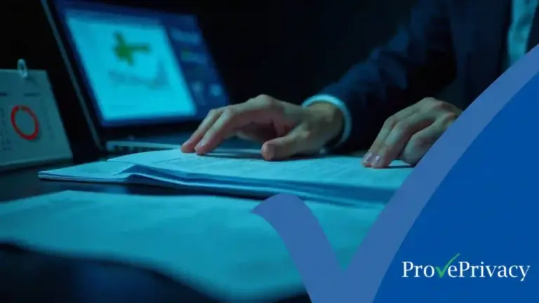 Compliance officer reviewing DUAA data protection complaints case files on an office desk with a laptop and deadline calendar