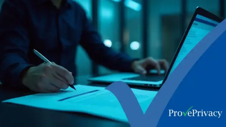 Policy Lifecycle Management and Staff Readiness | ProvePrivacy A compliance professional reviewing and signing off on a policy using policy lifecycle management software in a modern office