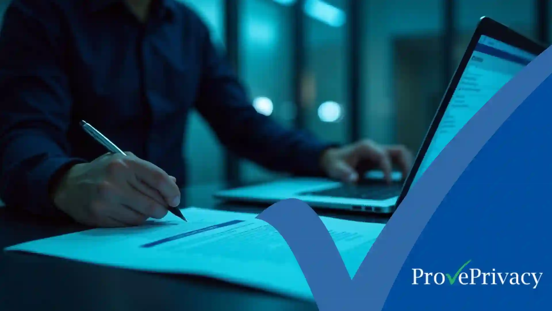 A compliance professional reviewing and signing off on a policy using policy lifecycle management software in a modern office