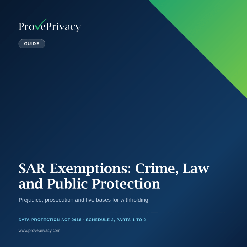 DSAR Exemptions for Crime Law & Public Protection | ProvePrivacy SAR Exemptions guide cover, crime, law and public protection