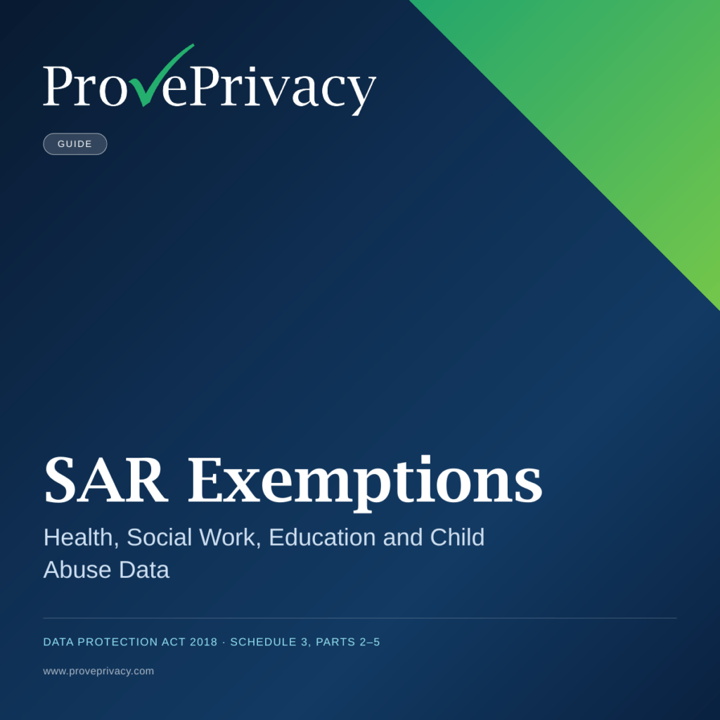 DSAR Exemptions Guide: Health Social Work Education and Child Abuse | ProvePrivacy SAR Exemptions guide cover, health, social work, education and child abuse data