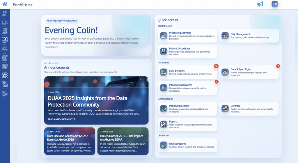 ProvePrivacy platform v8.0.0 new home screen with insight notifications
