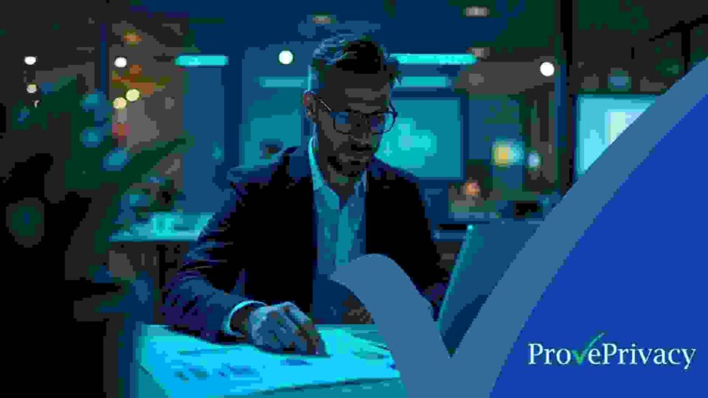 A data protection officer reviewing records on a GDPR compliance software platform in a modern office