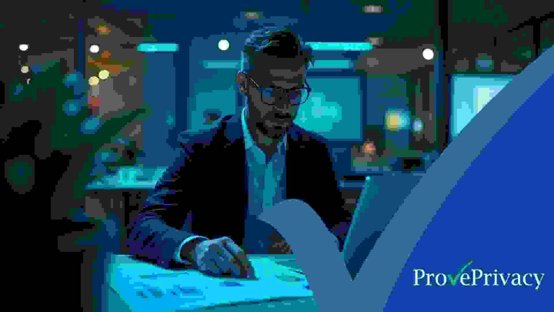 A data protection officer reviewing records on a GDPR compliance software platform in a modern office