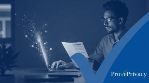 Data protection professional reviewing a DPIA for AI systems risk assessment beside a glowing network visualisation, ProvePrivacy branded header