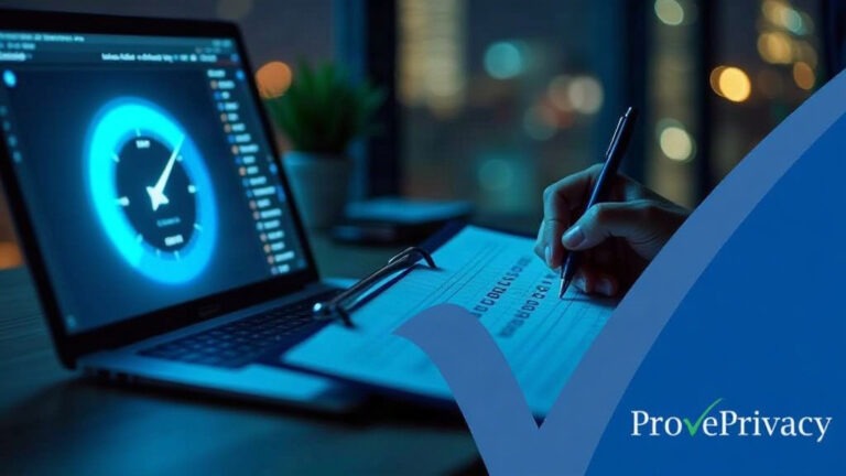 DPIA Screening Checklist: The Nine Point Test For High Risk Processing | ProvePrivacy DPIA screening checklist: a data protection professional ticking off items beside a laptop showing a risk score gauge