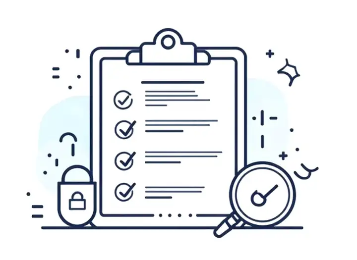 Line-art illustration of a DPIA checklist with a shield and magnifying glass