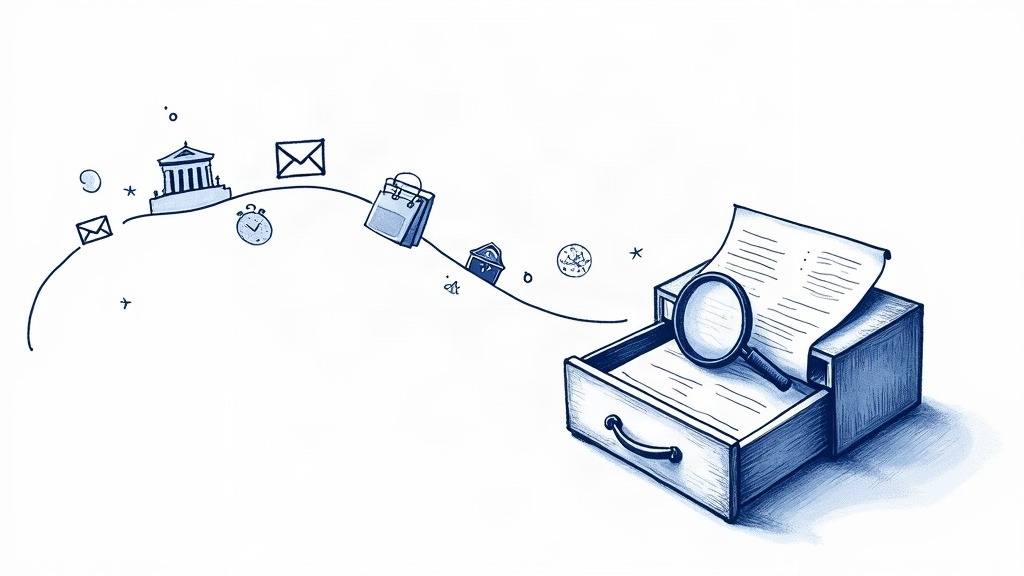 Hand-drawn illustration of information request management: a records drawer with a magnifying glass over an FOI document